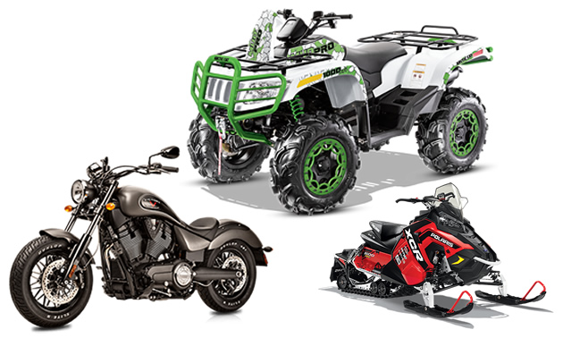 Collage of ATV, snowmobile and motorcycle. 