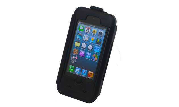 Photo of an Apple iPhone 5 in a protective case. 
