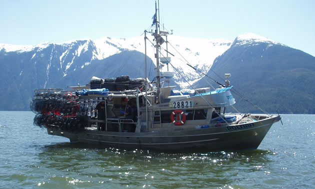 A prawn fishing boat in a harbour near mountains in B.C. 