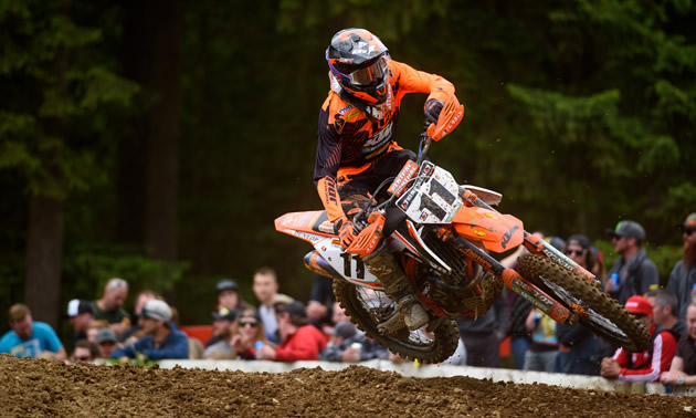 Kaven Benoit gets some air as he round a corner on the motocross track. 