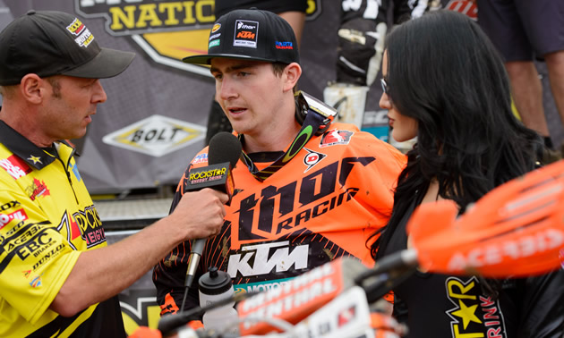 Cole Thompson being interviewed on the podium after winning Round 2 in Nanaimo, B.C. 