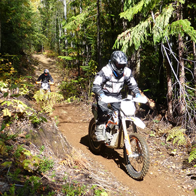 Two riders on the single-track trails in Revelstoke. 