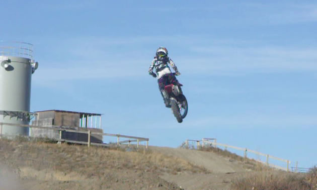 Rider Michael Lysyshyn practicing at Temple Hill Motorcycle Park in Raymond Alberta. 
