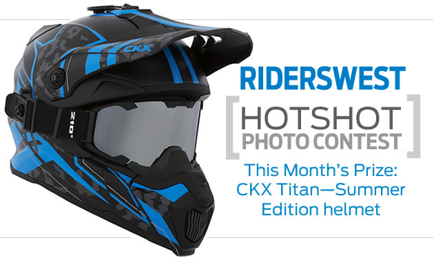 A blue, black and grey helmet that riders can win if they enter the Hotshots photo contest. 