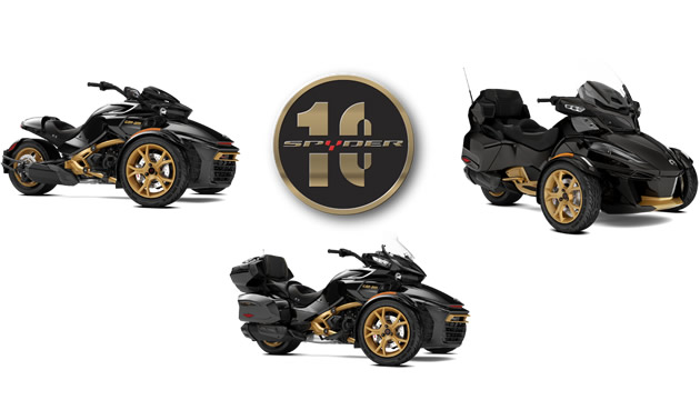 Three special edition Can-Am Spyder models custom-designed for the Spyder 10th Anniversary: RT Limited 10th Anniversary edition, F3 Limited 10th Anniversary edition and the F3-S 10th Anniversary edition.