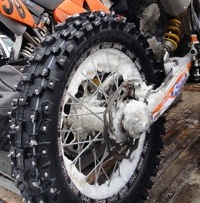 A photo of the studded tire on Shayne Ducharme's dirt bike.
