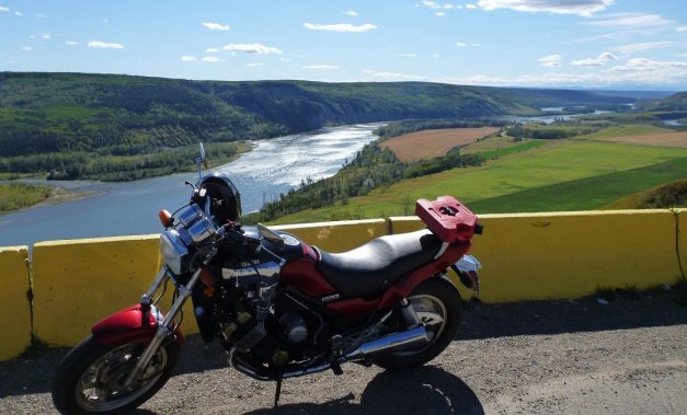 Taking in the view overlooking the Peace River from Hwy 29 between Fort St. John and Hudson's Hope B.C., on an '86 Yamaha Fazer. 