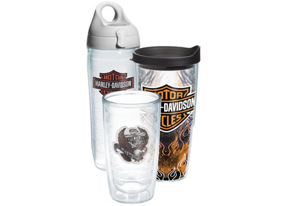 Three insulated drinking cups with Harley-Davidson insignia on each of them. 