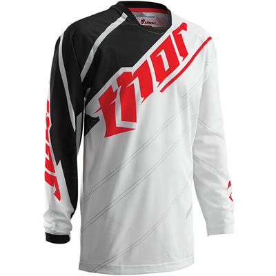 Red, white and black Thor motocross jersey and black and grey Mechanix Wear glove. 