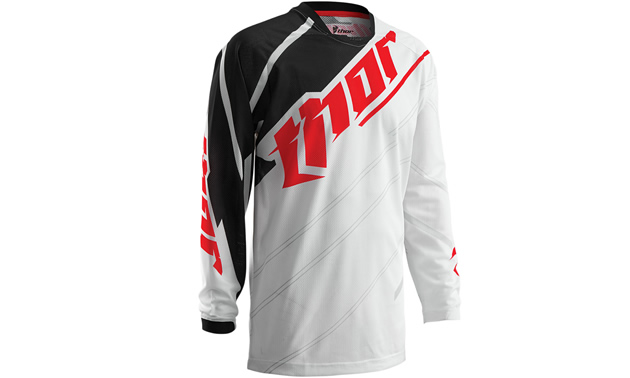 Red, white and black Thor motocross jersey and black and grey Mechanix Wear glove. 