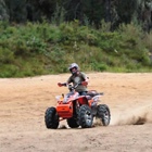 An ATVer riding through sand with forest in the background