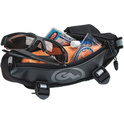 A small black and grey handlebar bag with sunglasses, wallet and driver's licence in it. 